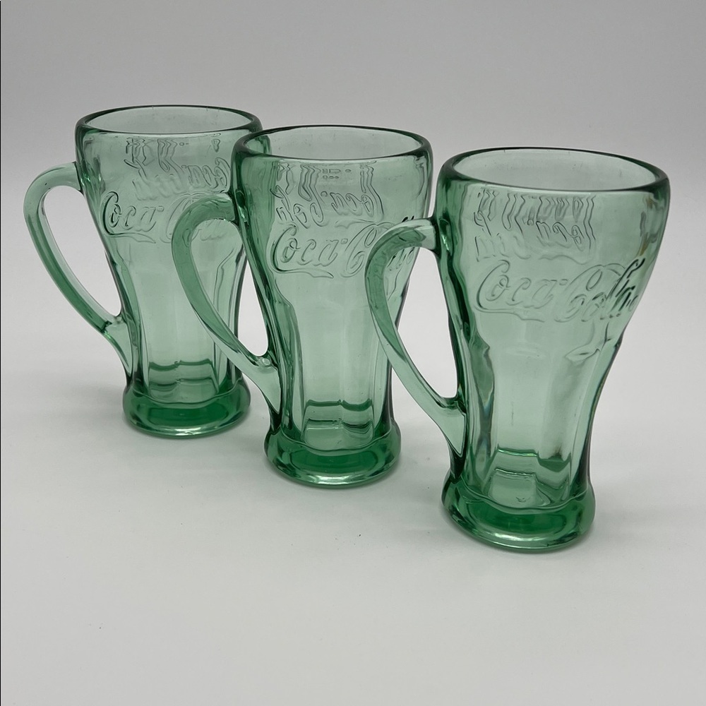 Vintage Green Libbey Coca-Cola Thick Heavy Soda Glass w/ Handle 14 oz (Set of 3) - Picture 3 of 11